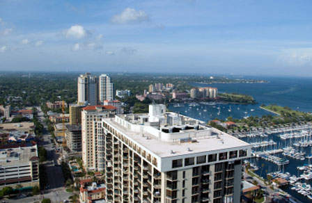 Aerial view overlooking St. Pete's marina